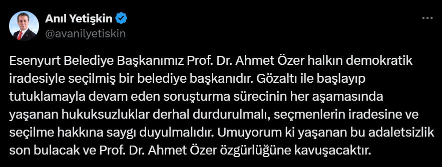 Başkan Yetişkin’den Esenyurt Belediye Başkanı Özer’e destek mesajı