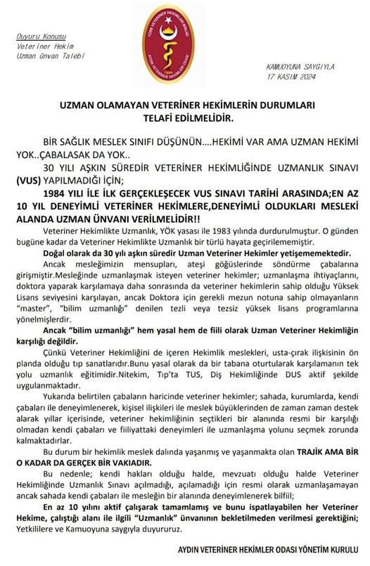 Aydin Veteriner Hekimleri Odasindan Uzmanlik Talebi Aciklamasi 10 Yil Deneyimi Olan Hekimelere Uzmanlik Unvani Verilmeli 520698 3Ddbbf0Aac7536420Ba21C7F9627F357