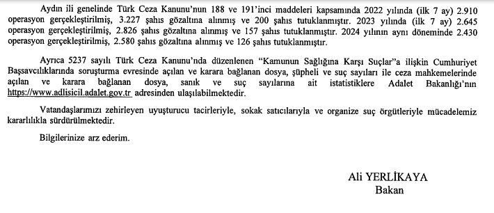 Bakan Yerlikaya Aydın’daki narkotik operasyonu verilerini paylaştı