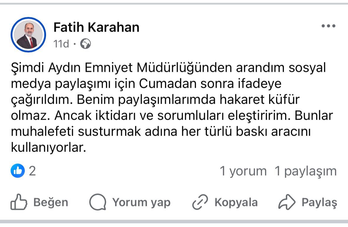 Aydınlı siyasetçi ifadeye çağrıldı! Sosyal medyadan duyurdu