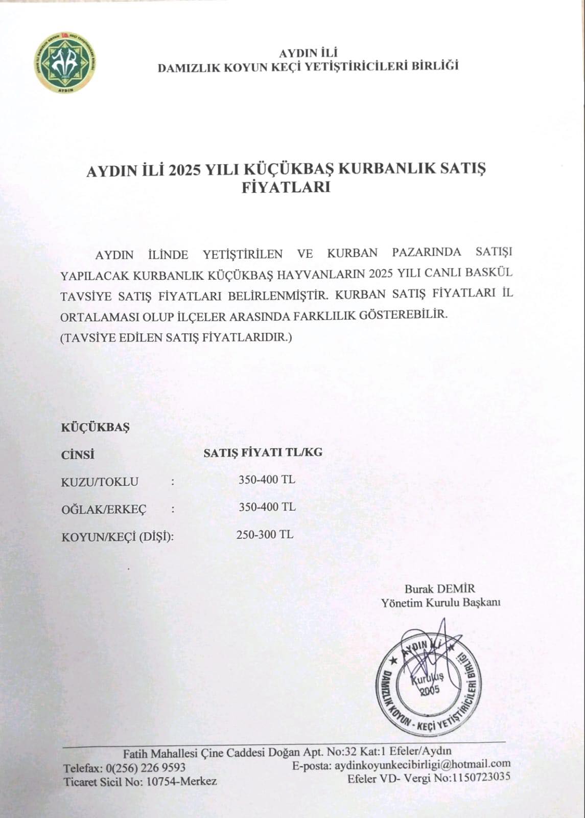 Aydın’da 2025 kurbanlık fiyatları açıklandı