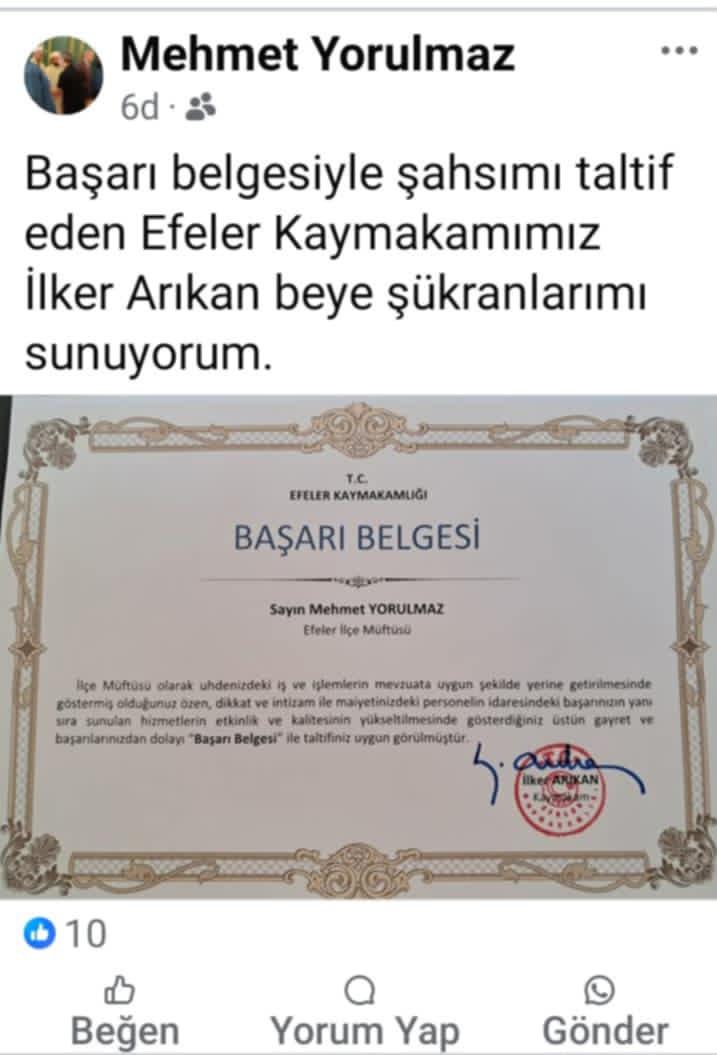 Aydın’da soruşturma geçiren müftüye başarı belgesi 