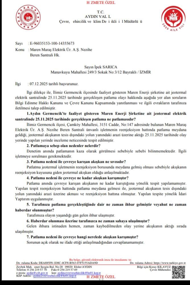 Çevre Şehircilik’ten Germencik’teki jeotermal patlamayla ilgili açıklama