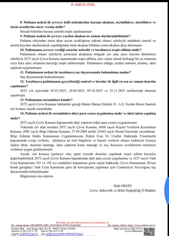 Çevre Şehircilik’ten Germencik’teki jeotermal patlamayla ilgili açıklama