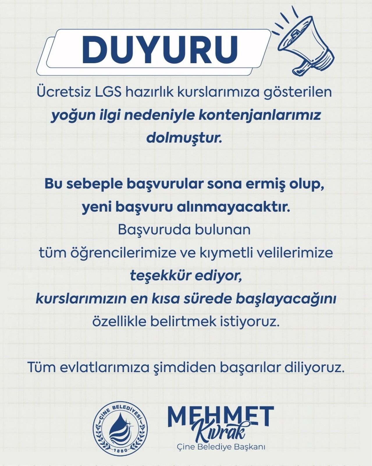 Çine'de kontenjan doldu: Başkan Kıvrak teşekkür ederek açıkladı
