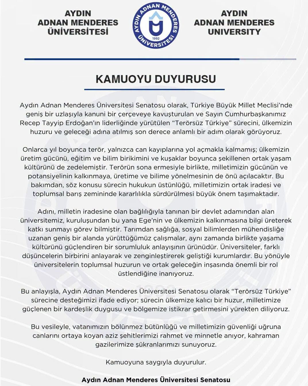 ADÜ Senatosu’ndan ‘Terörsüz Türkiye’ sürecine tam destek