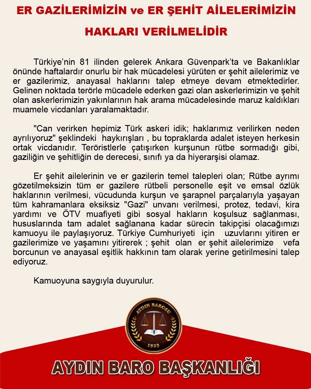Aydın Barosu’ndan Er Gaziler Ve Şehit Aileleri Için Hak Çağrısı “Gazilik Ve Şehitliğin Rütbesi Olmaz” (4)