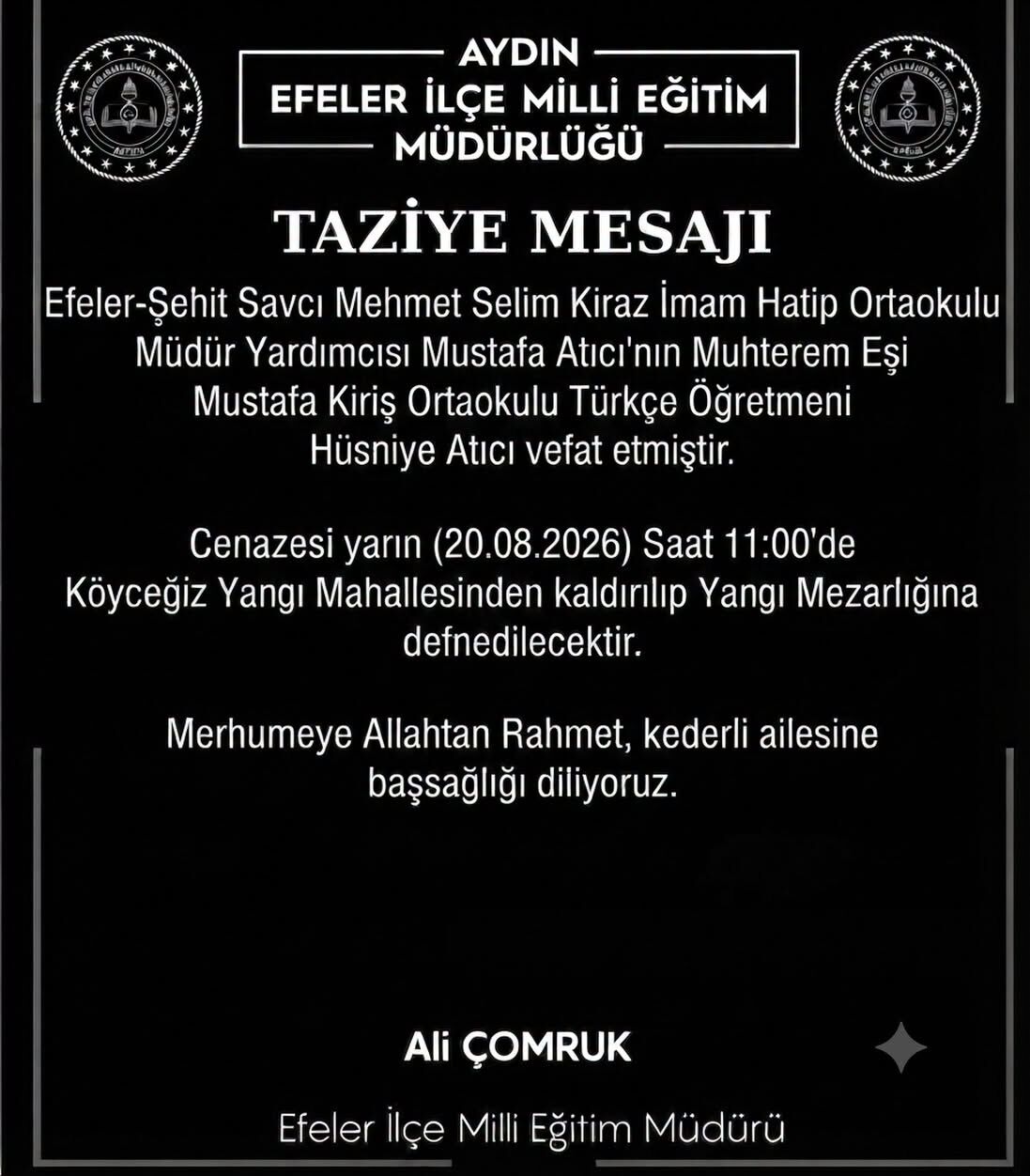 Aydın'da eğitim camiası yasta Türkçe öğretmeni hayatını kaybetti