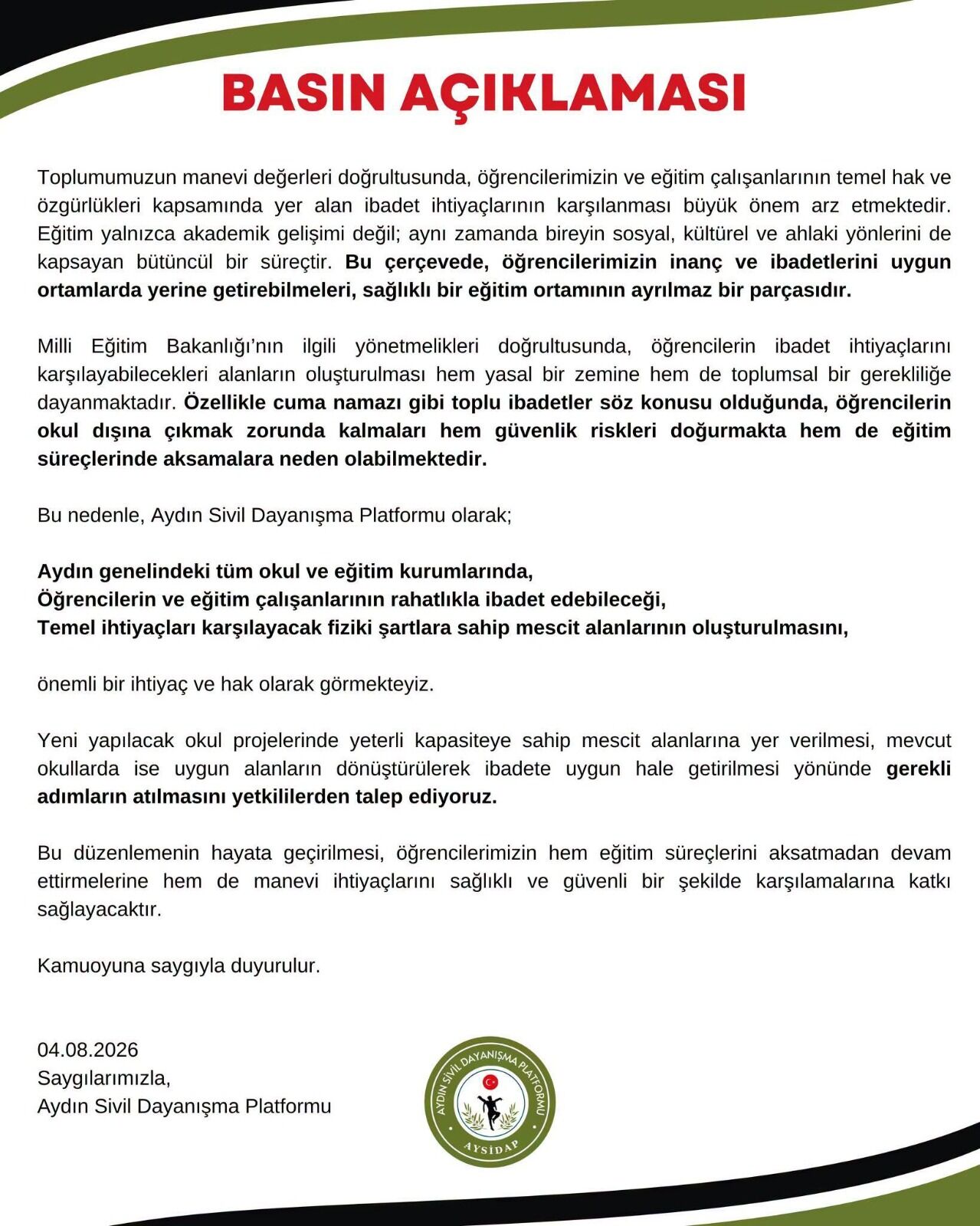 Aydın’daki okullara mescit çağrısı: “Eğitim yalnızca akademik gelişim değildir!”