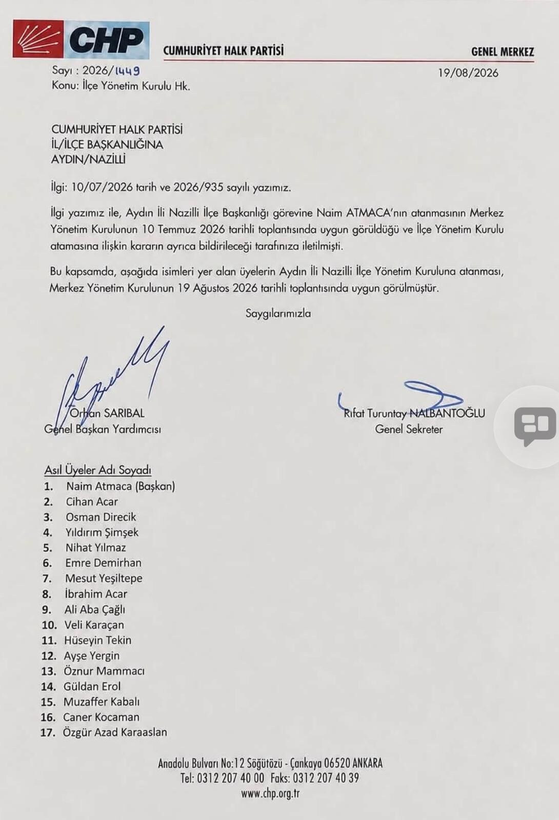 Chp Nazilli’de Yönetim Listesi Belli Oldu! (2)