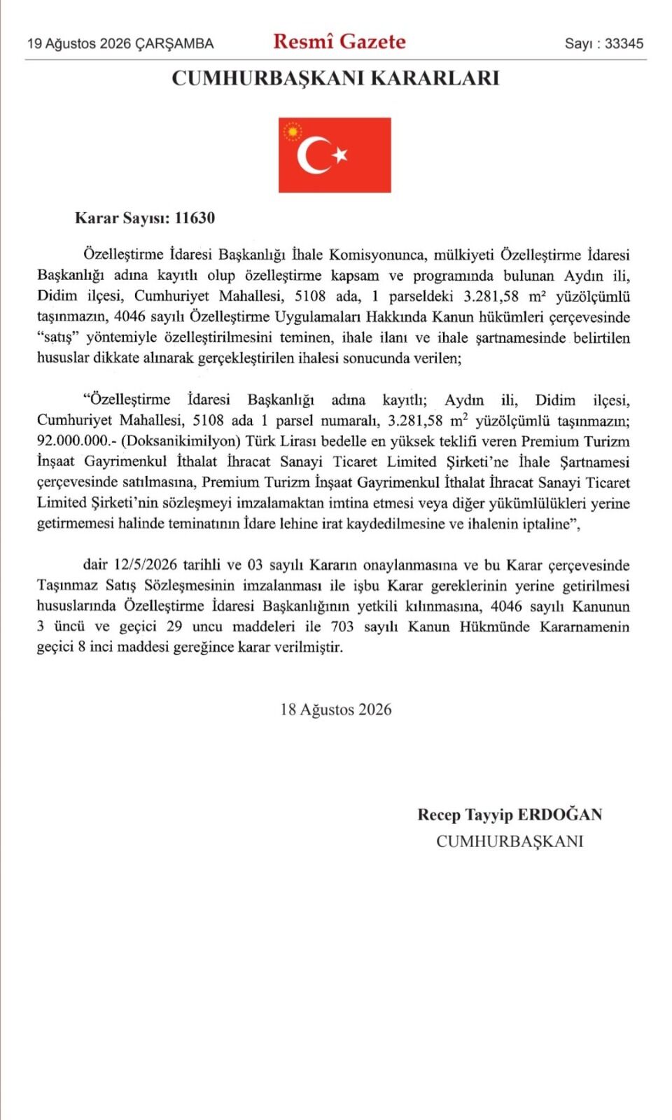 Didim’de milyonluk taşınmazlar satıldı: Cumhurbaşkanı kararıyla onaylandı