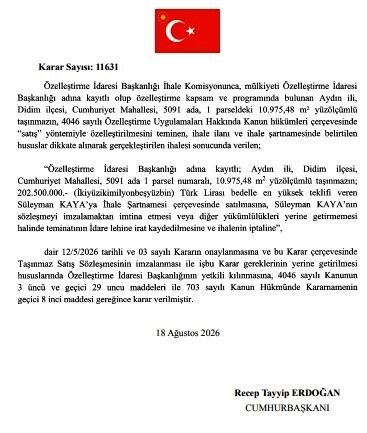 Didim’de milyonluk taşınmazlar satıldı: Cumhurbaşkanı kararıyla onaylandı