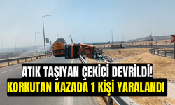 Atık taşıyan çekici devrildi! Korkutan kazada 1 kişi yaralandı